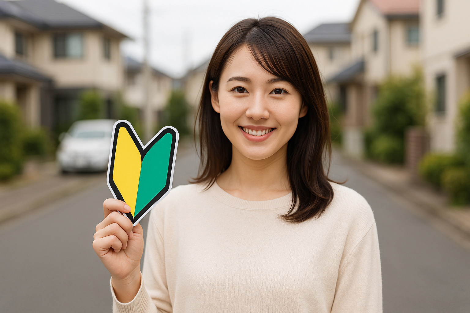 初心者マークを持つ女性