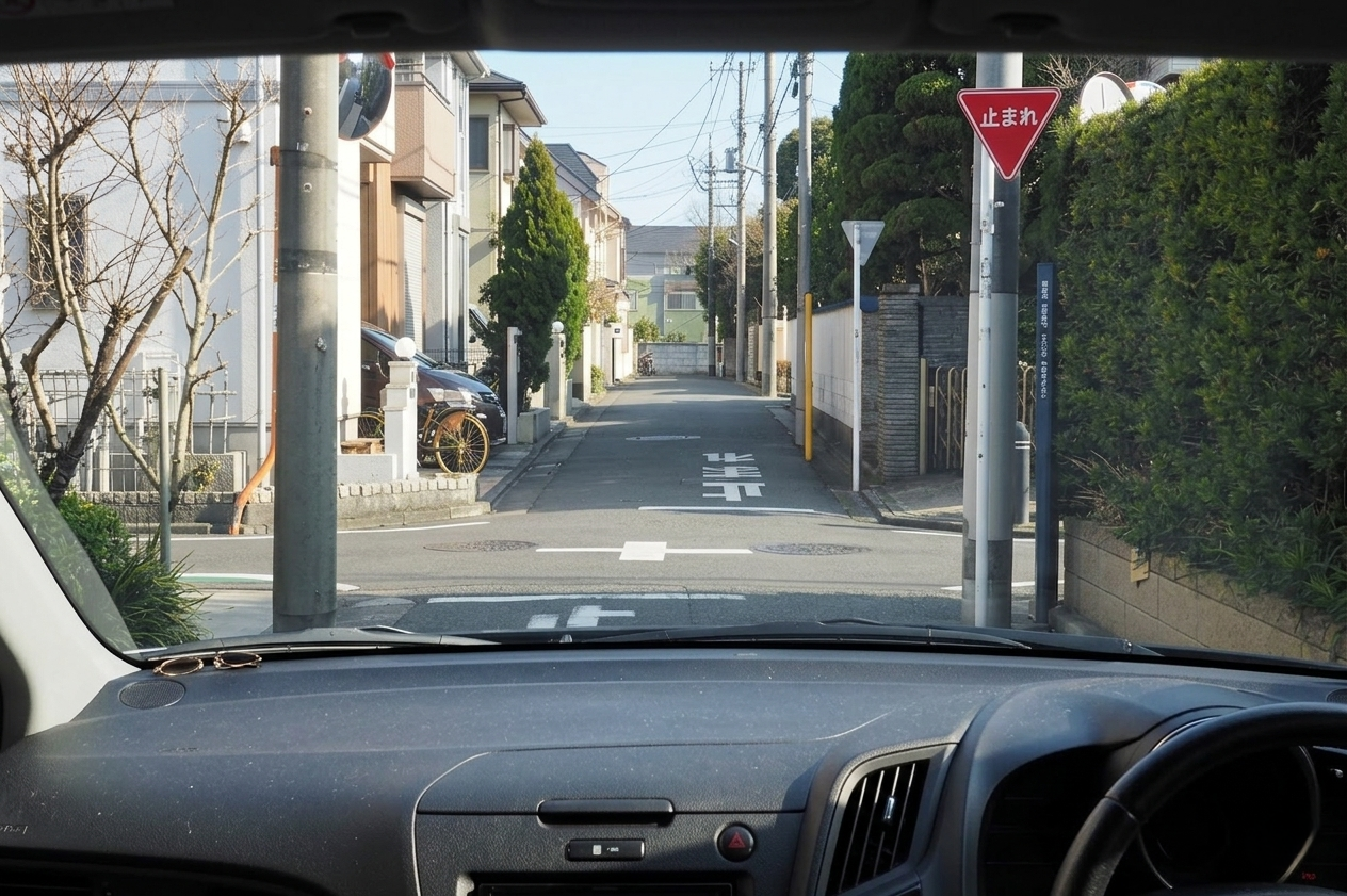 津田沼住宅街 一時停止と多段階停止 歩行者自転車確認 講習イメージ