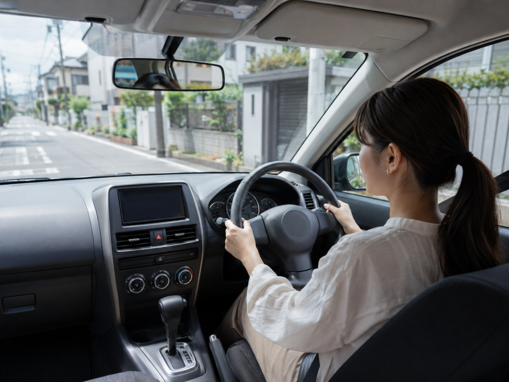 出発前に座席とミラーを合わせるペーパードライバー講習の車内イメージ