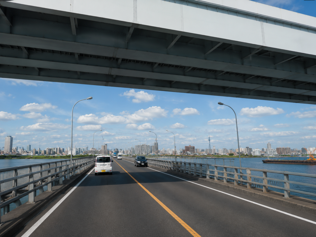 浦安橋で車間距離と速度を見ながら走る講習イメージ
