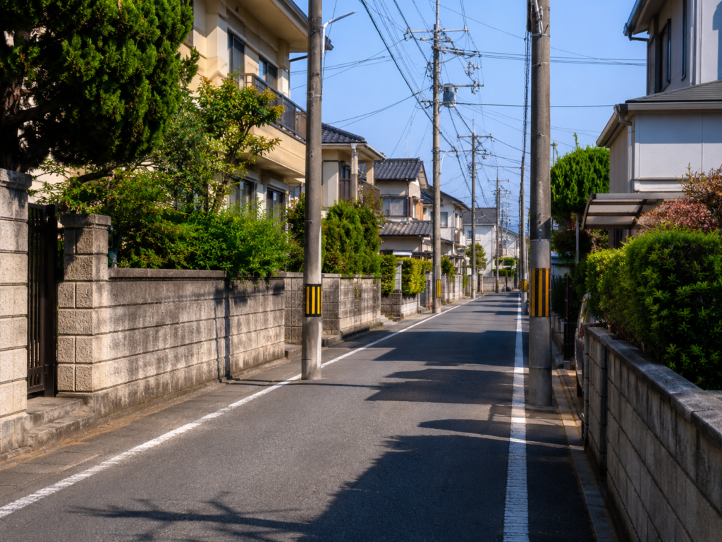 狭い道路での電柱と住宅街を走る車のイメージ