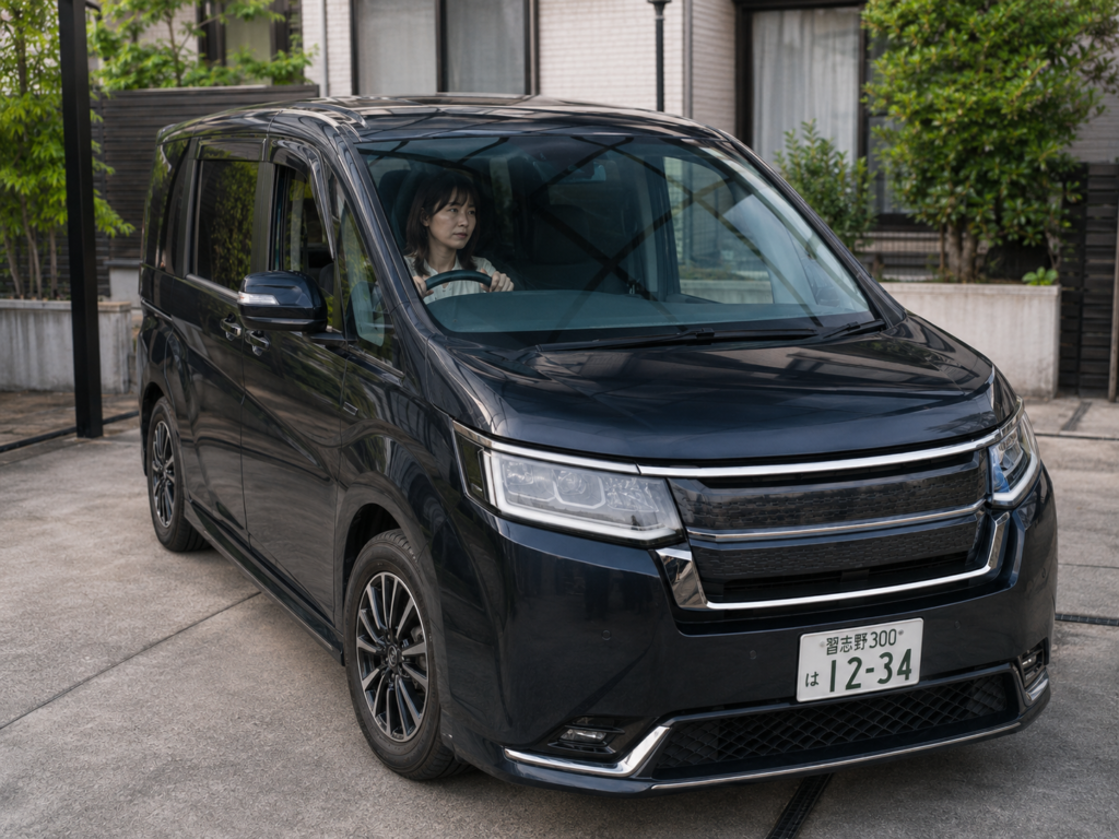 ミニバンを運転する自信なさげな女性