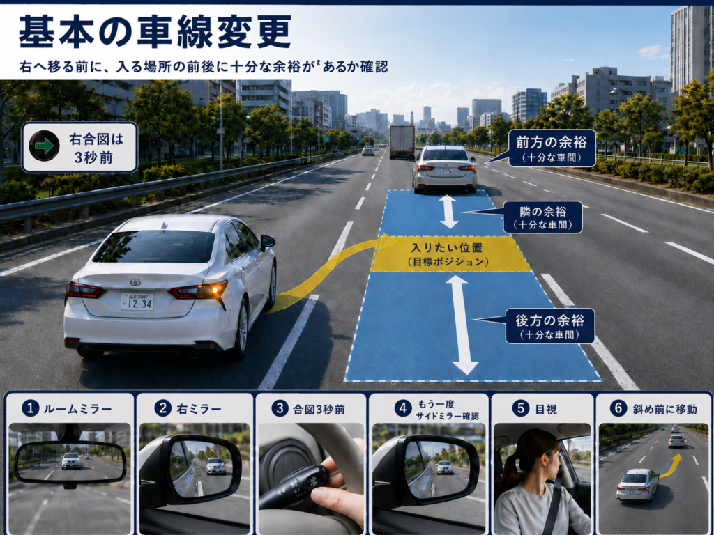 入りたい場所の前後に余裕があるかを見てから、車を斜めに動かします。