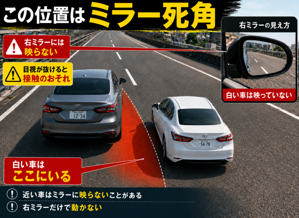 近い車やバイクは、サイドミラーだけでは見落とすことがあります。
