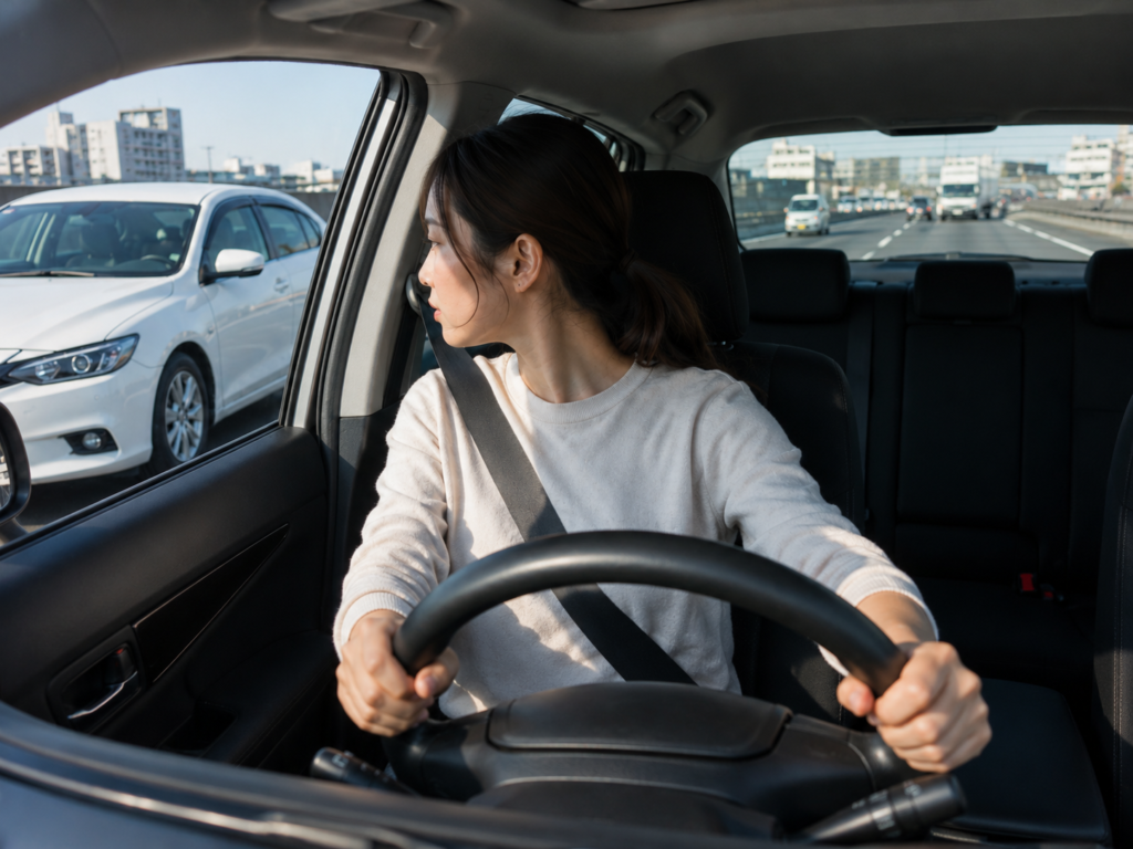 車線変更前に目視で斜め後ろを確認するイメージ