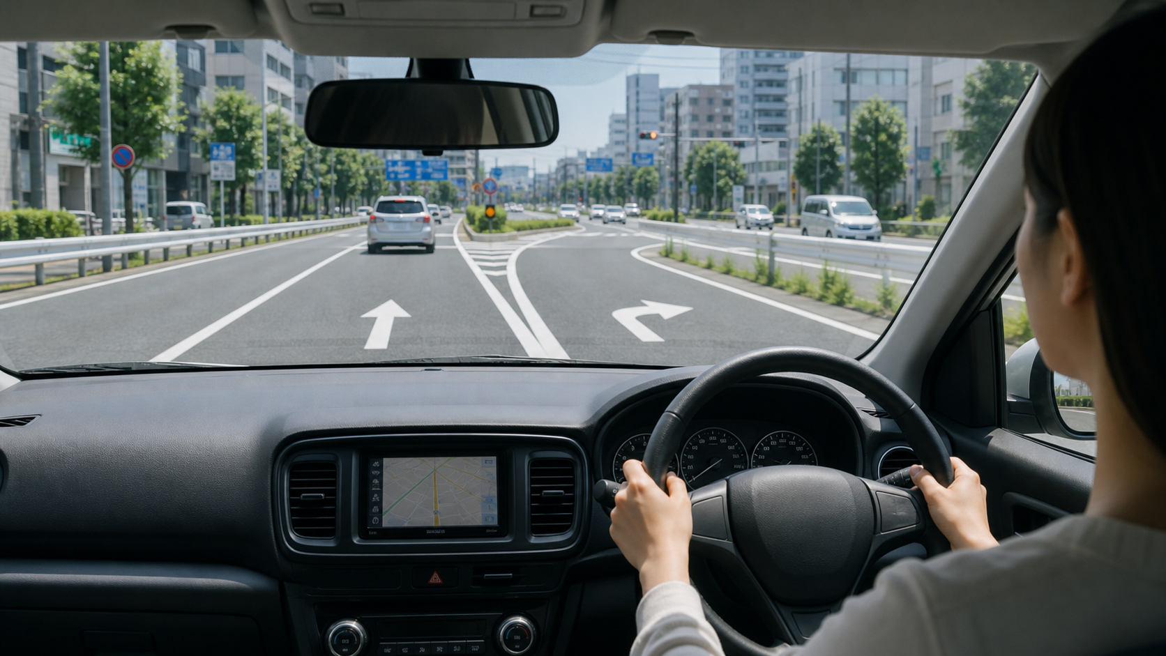 右折レーンや車線の分岐は、交差点の直前ではなく手前から見ます。