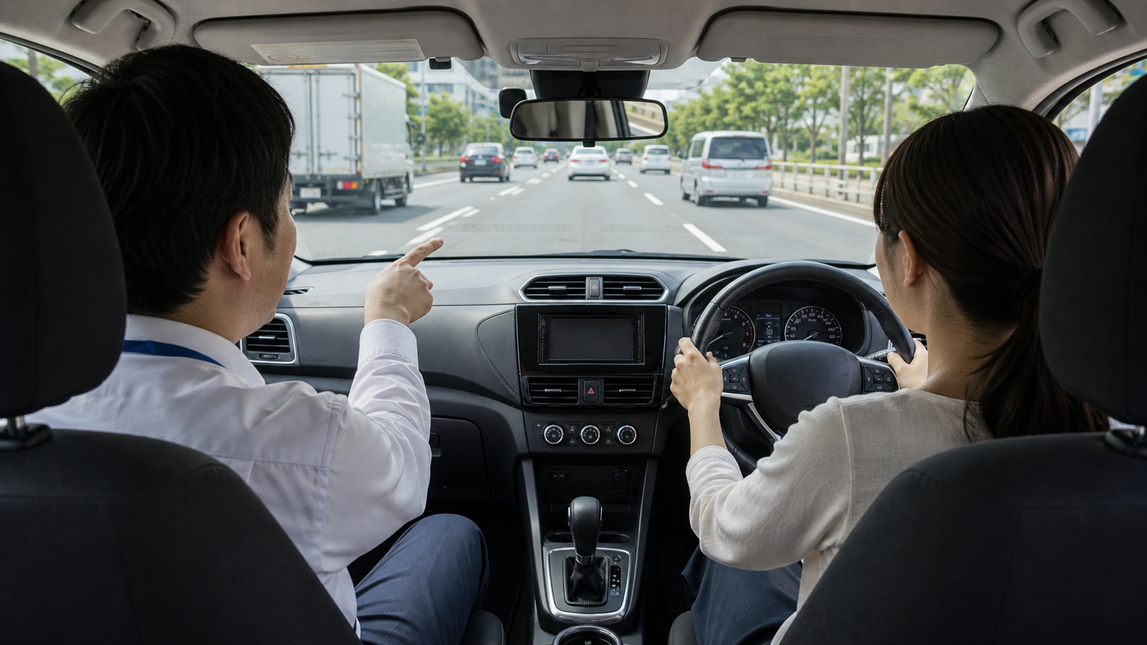 補助ブレーキ付き教習車で、車線変更を段階的に練習します。