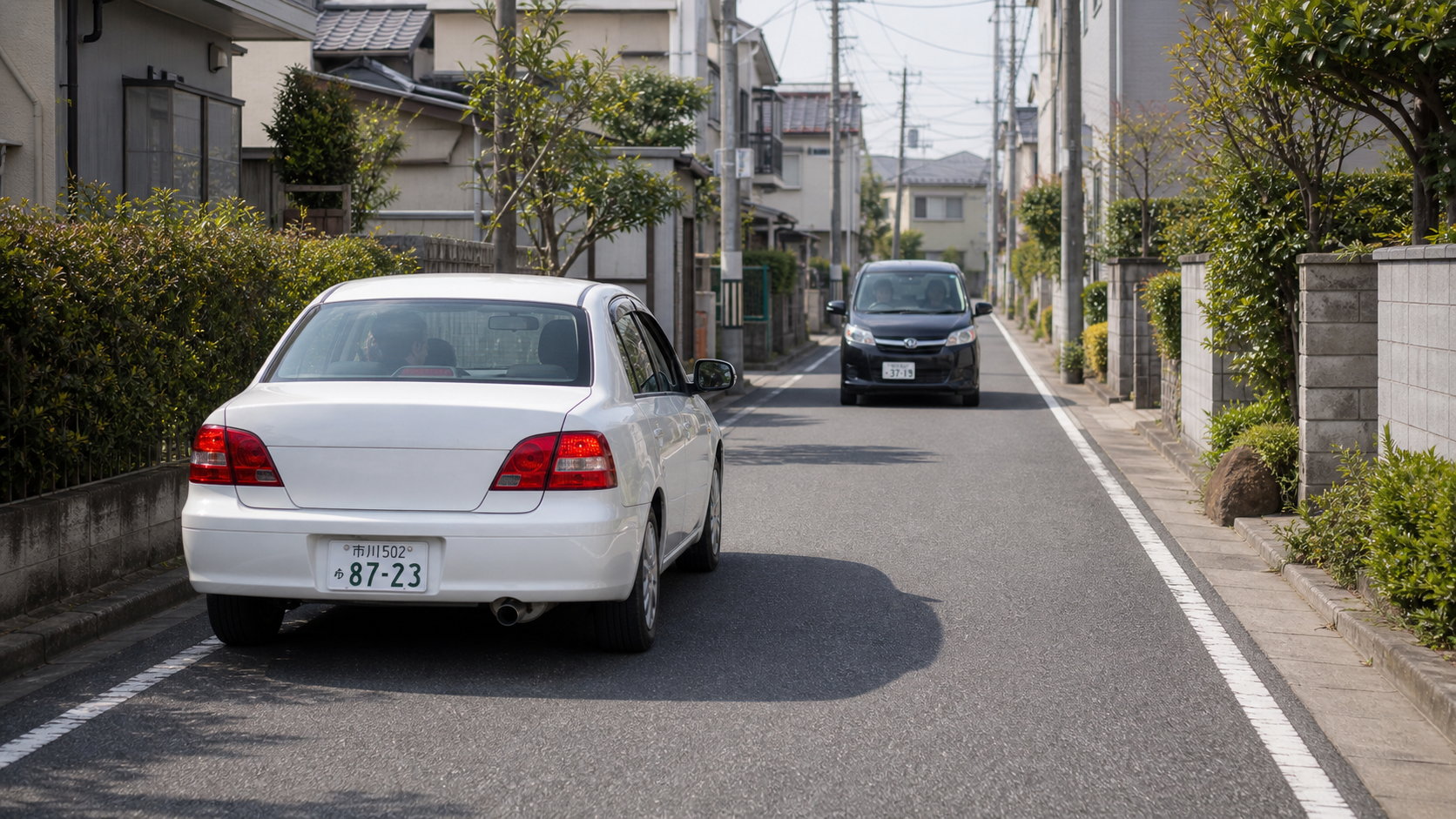 市川市の狭い道路で対向車と歩道を見ながら待つ位置を取る講習イメージ
