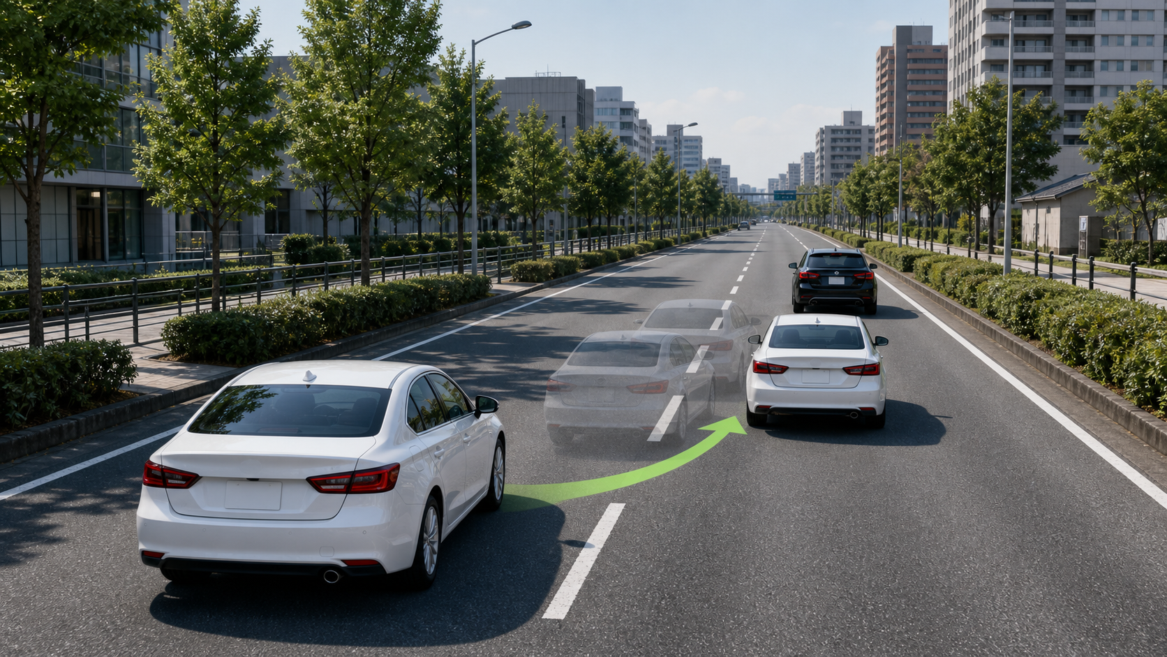 左車線から右車線の前車の後ろへ車線変更する解説画像