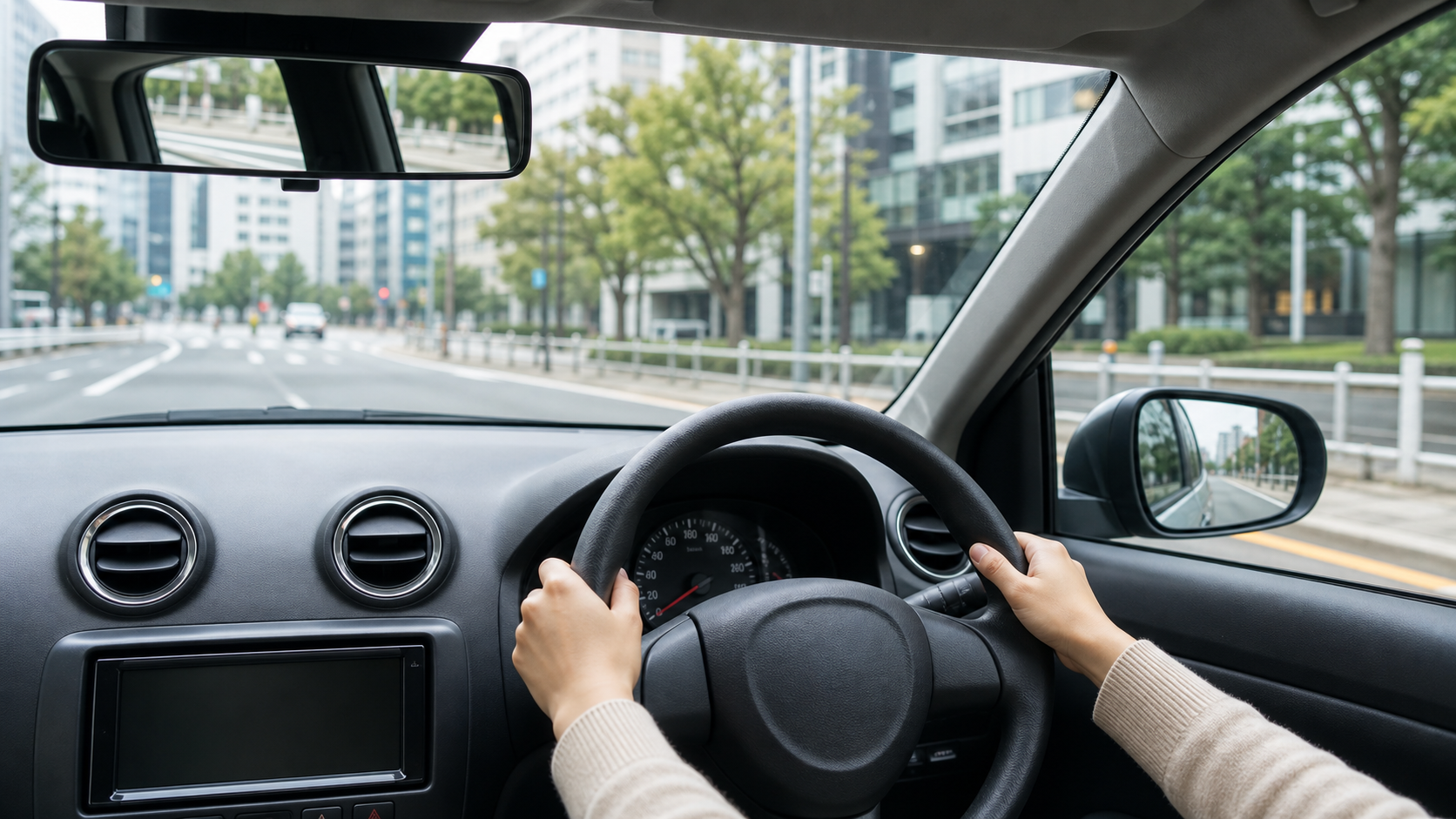 教習車の運転席で座席とミラーを確認する場面