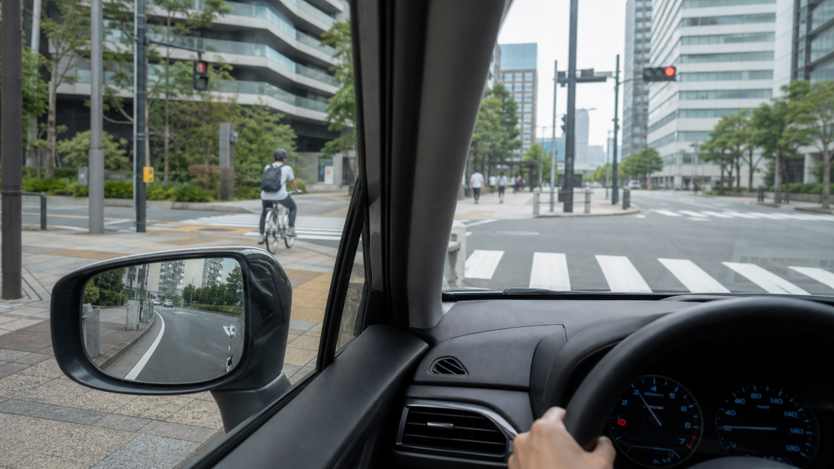 左折前にサイドミラーと横断歩道の自転車を確認する運転席からの視界
