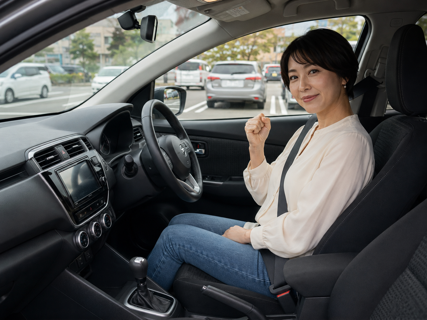 駐車練習後に運転席で小さくガッツポーズをする女性
