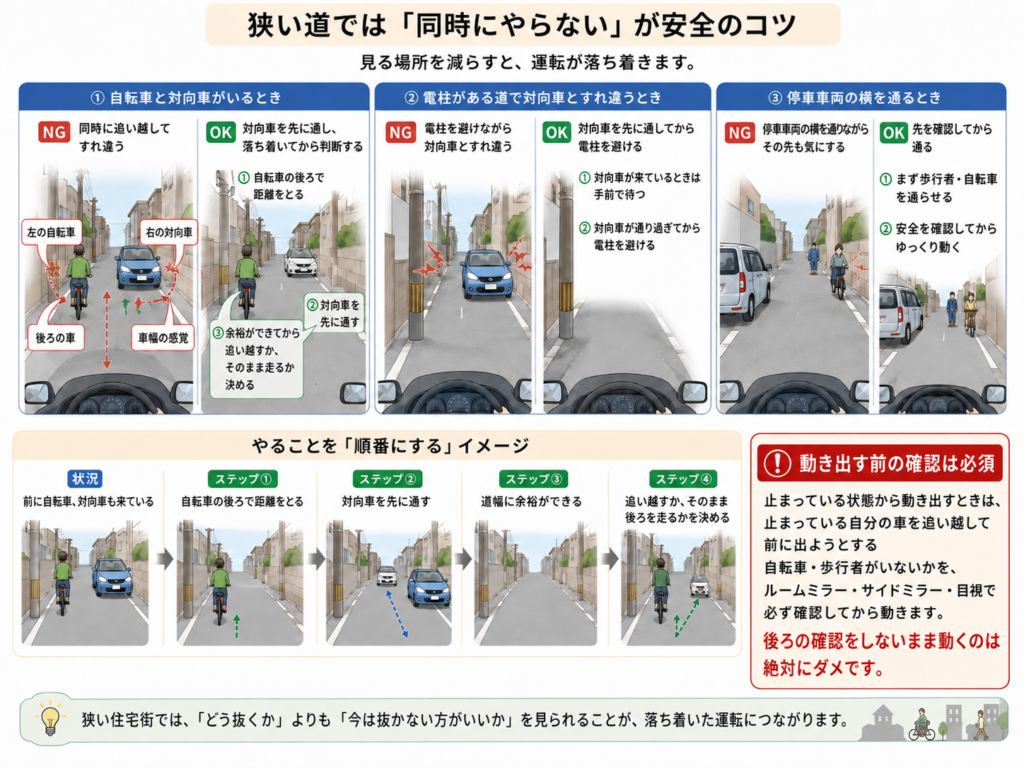 小岩・篠崎周辺の住宅街で対向車を先に通す運転イメージ