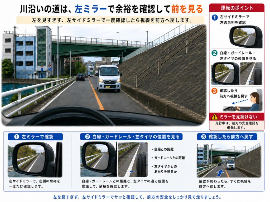 川沿いの道で左側の縁石と前方を確認しながら走る運転イメージ