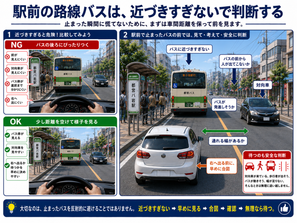 駅前で路線バスとの車間距離を保ちながら走る運転イメージ