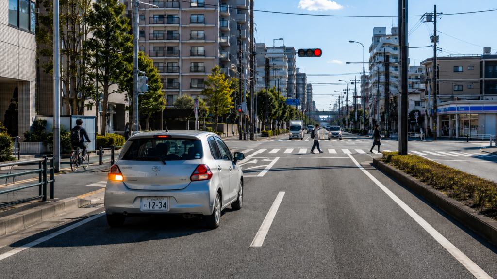 葛西・西葛西周辺で左折前の確認に焦るペーパードライバーのイメージ
