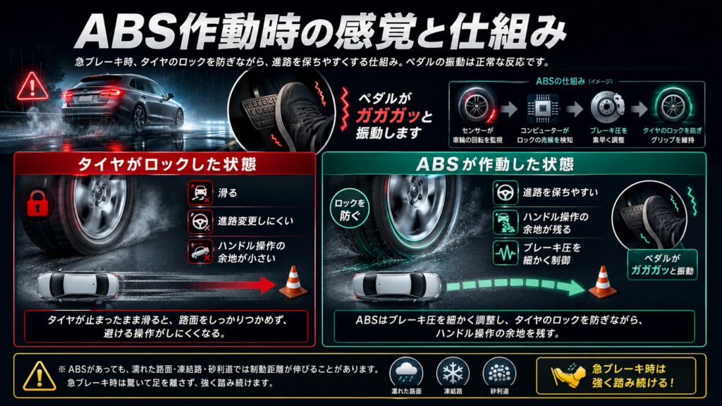 ABS作動時にブレーキペダルへ振動が出ることを示すイメージ