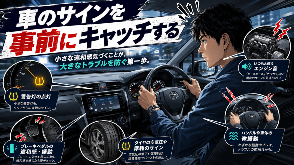 雨の日や下り坂など、運転中に起こる車の代表的な反応を整理したイメージ