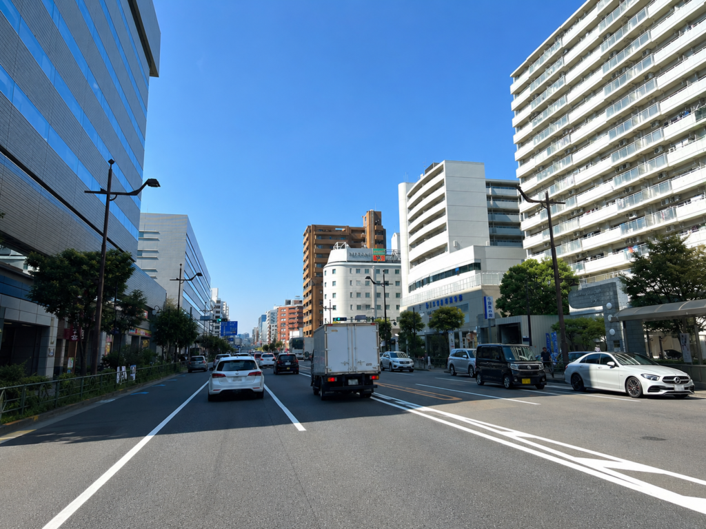 江東区東陽町周辺の永代通り交差点で車線変更と先読みを行う講習