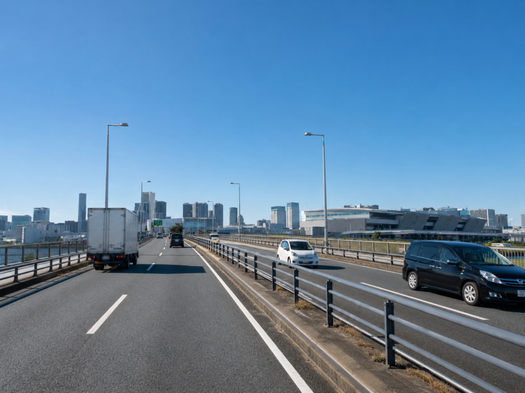 有明方面の広い道路と橋の先を見渡して速度をコントロールする講習