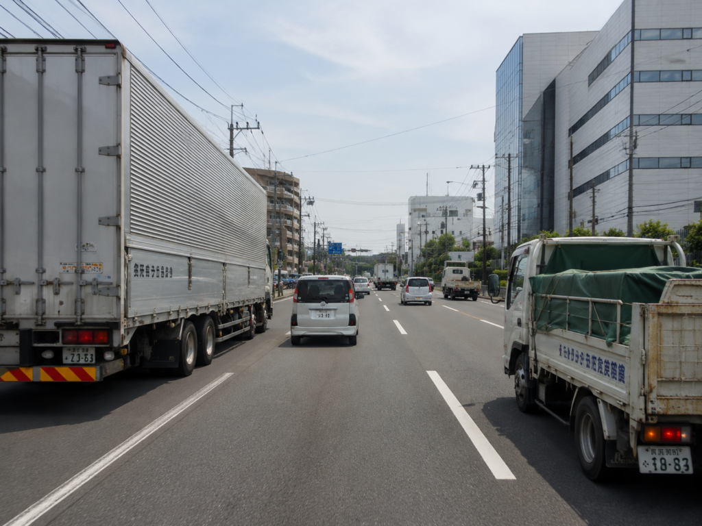 新木場周辺で大型トラックとの車間距離を適切に保つ講習