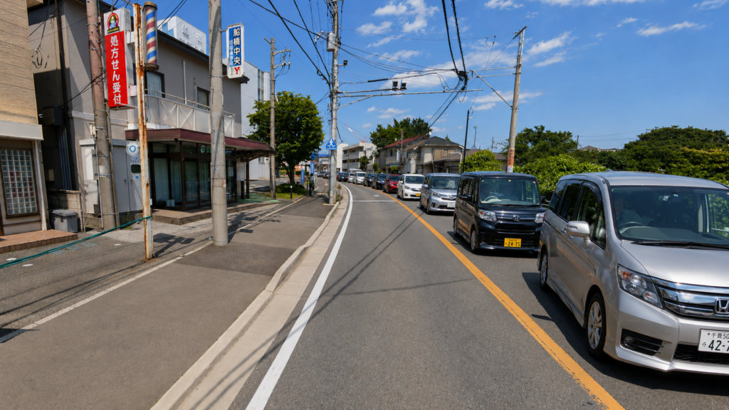 船橋整形外科前の横断歩道とダイヤマークを確認する場面
