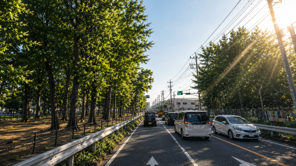 高根台団地入口交差点で右折時の横断歩道を確認する場面