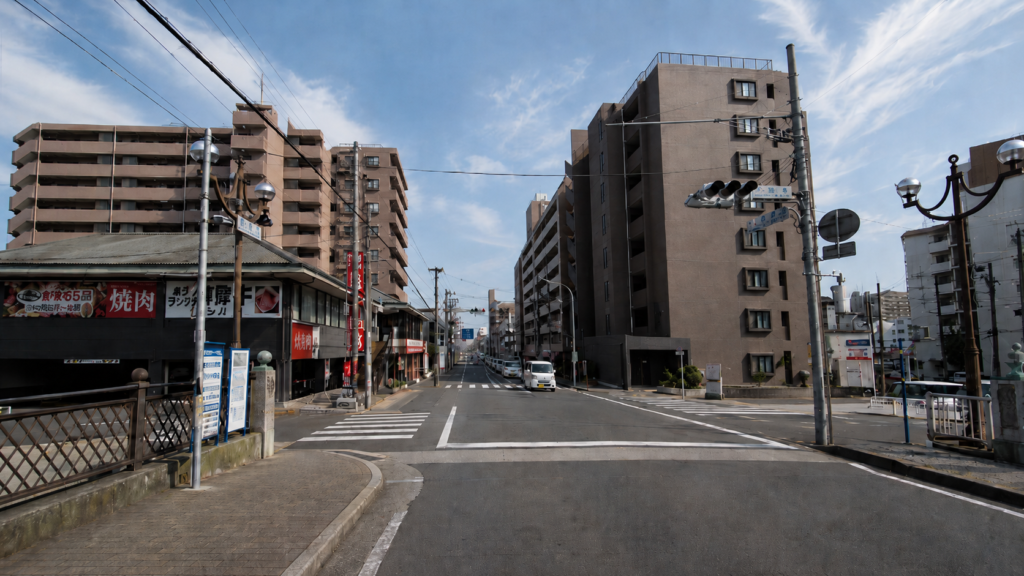 船橋橋交差点付近でららぽーと周辺の交通流を確認する場面