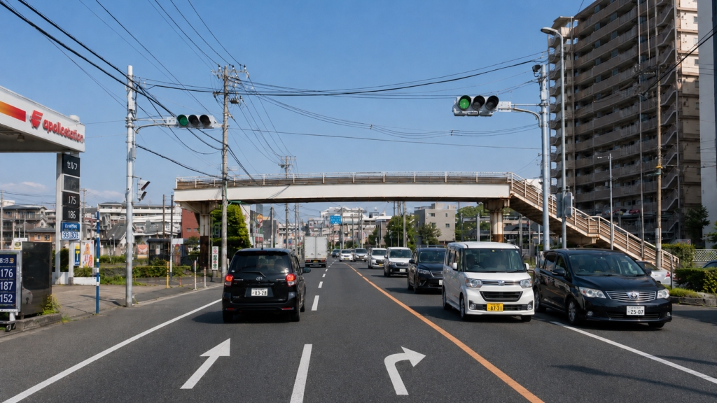 船橋市宮本交差点で商業施設周辺の右左折を確認する場面