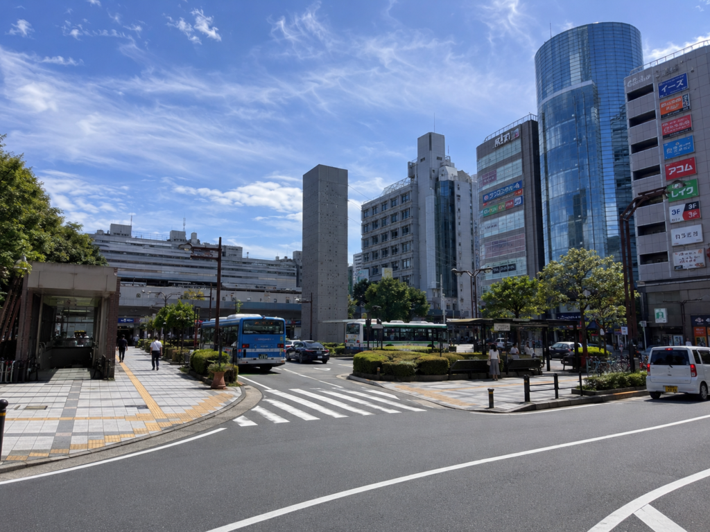 錦糸町北口ロータリー周辺でバスや送迎車に注意して走る場面