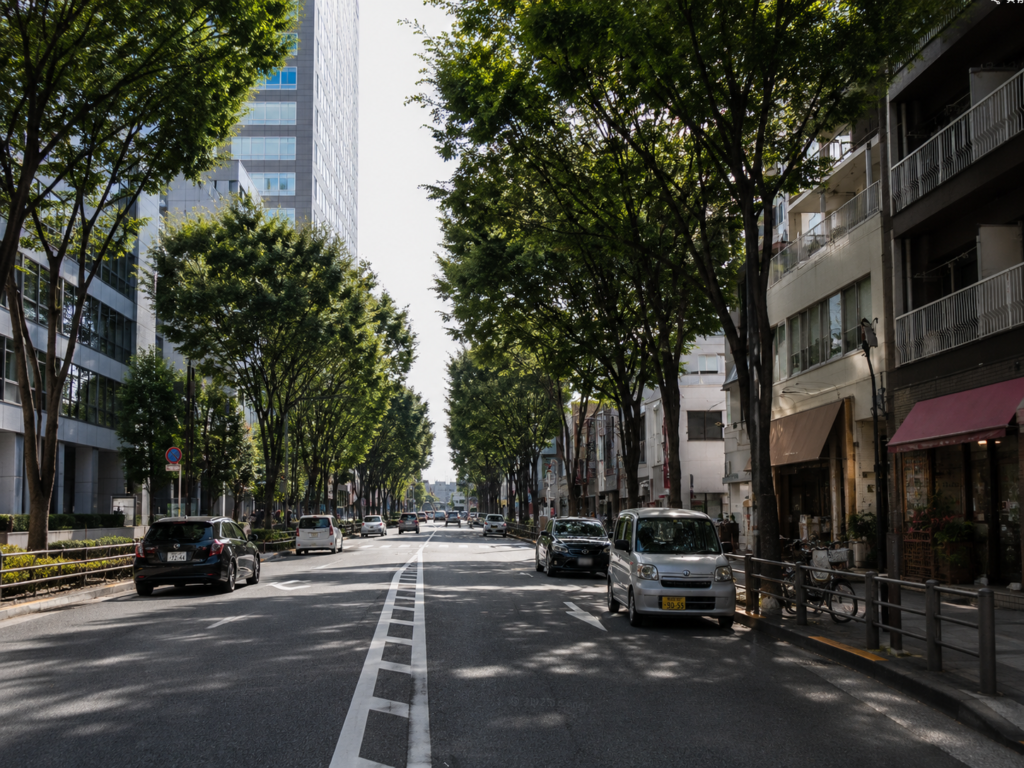 北斎通りで路上駐車の陰と横断歩道に注意して走る場面