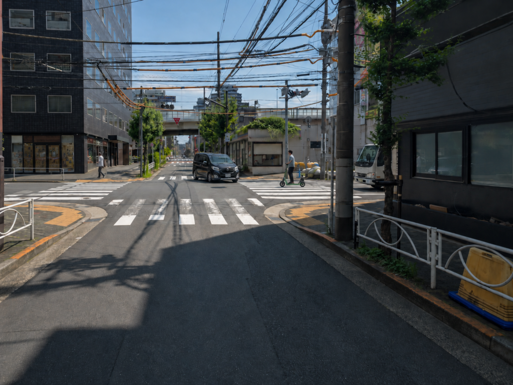 錦糸町周辺で電動キックボードや自転車に注意して走る場面