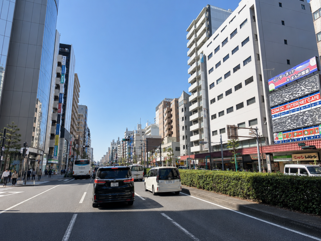 京葉道路で隣の車線と車間距離を確認しながら走る場面