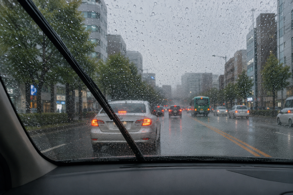昼の雨で視界が落ちた道路を確認しながら走る場面
