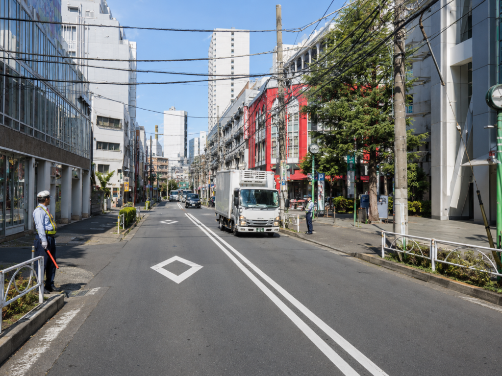 錦糸町南口周辺で誘導と歩行者を自分の目で確認する場面