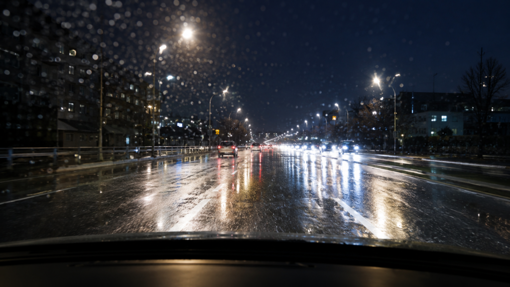 雨の日に白線が見えにくい道路で進路を確認する場面