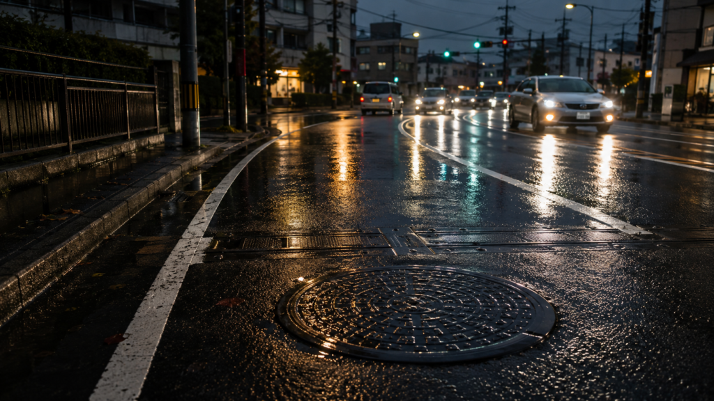 雨の日に車間距離と停止距離を意識して走る場面