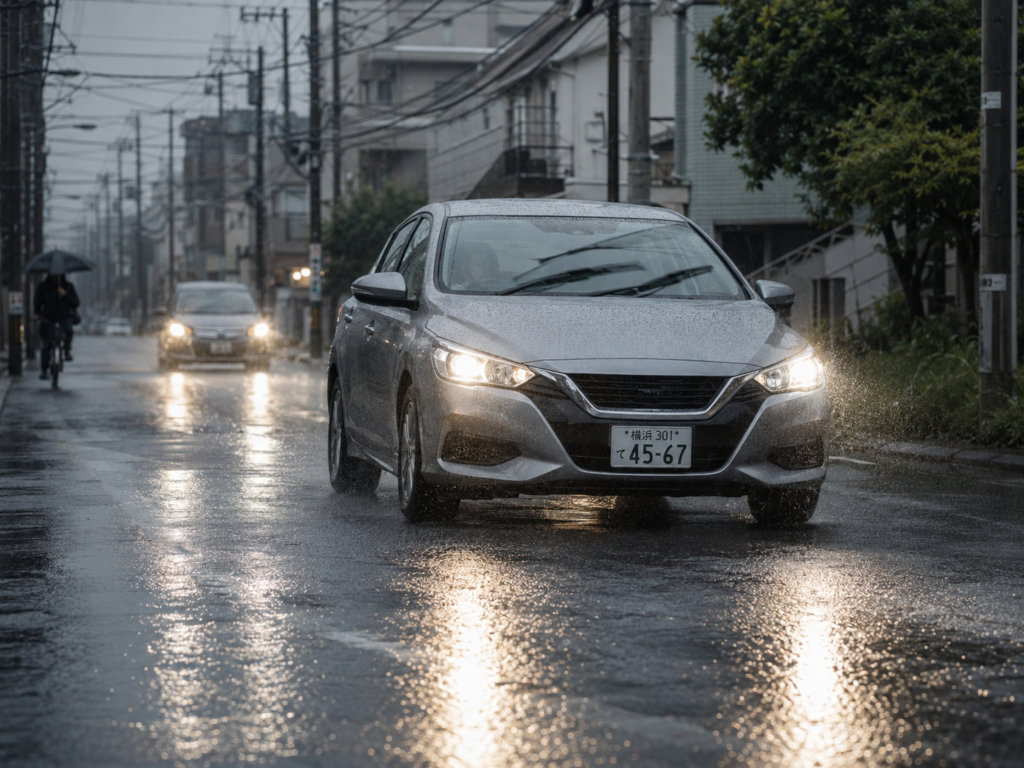 雨の日にライトを点灯して周囲から見えやすくする場面