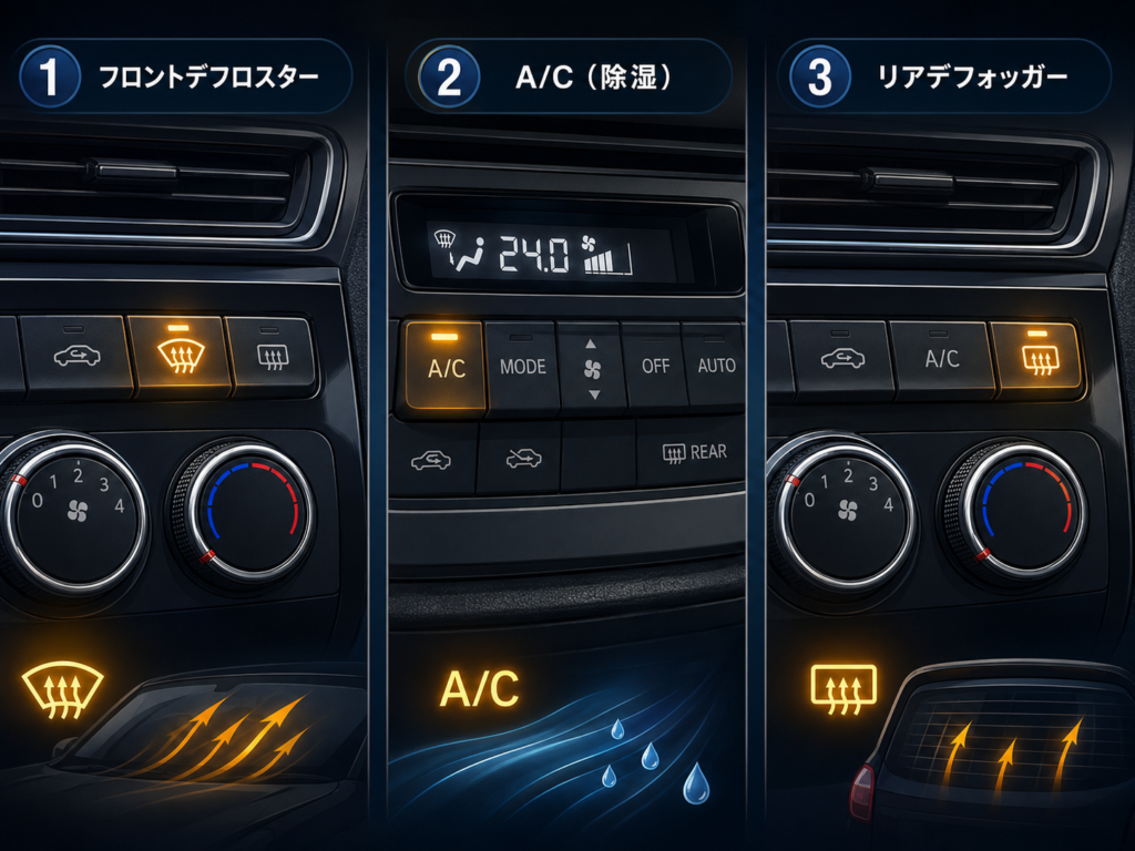 窓の曇りを取りながら視界を確保する雨の日の運転場面