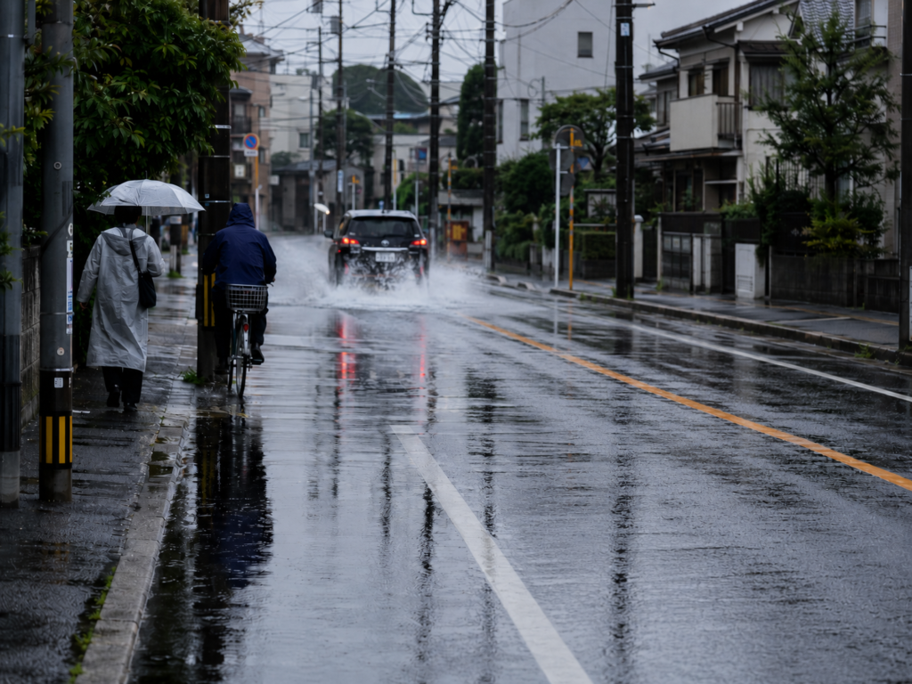 雨の日に歩行者や自転車への水はねに注意して走る場面