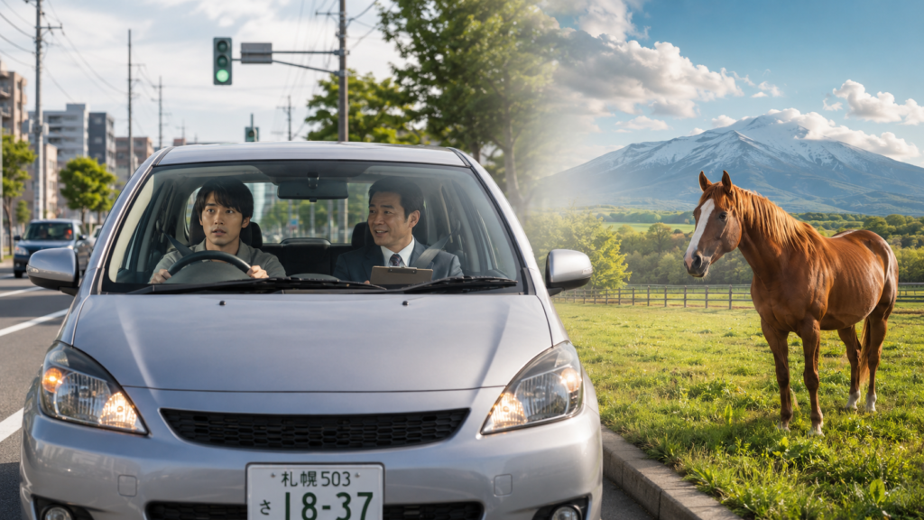 北海道の牧場へ向かうレンタカー運転をイメージする場面