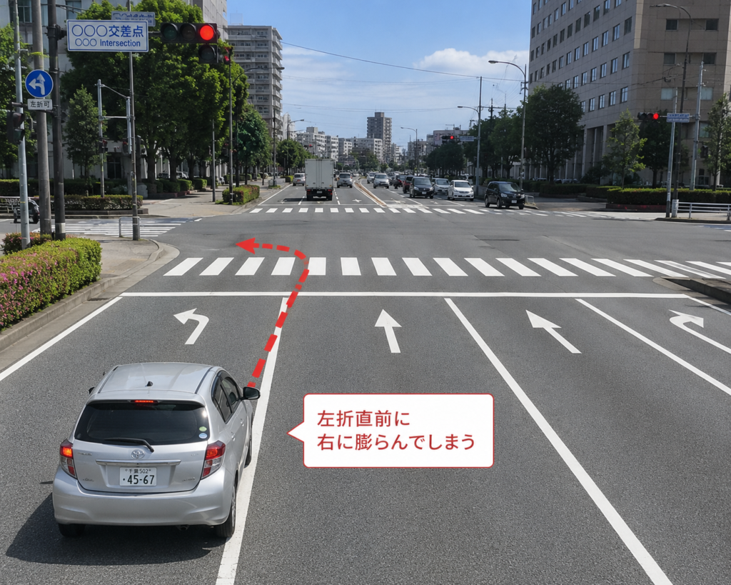 あおりハンドルを防ぐため左折の軌道を確認する場面