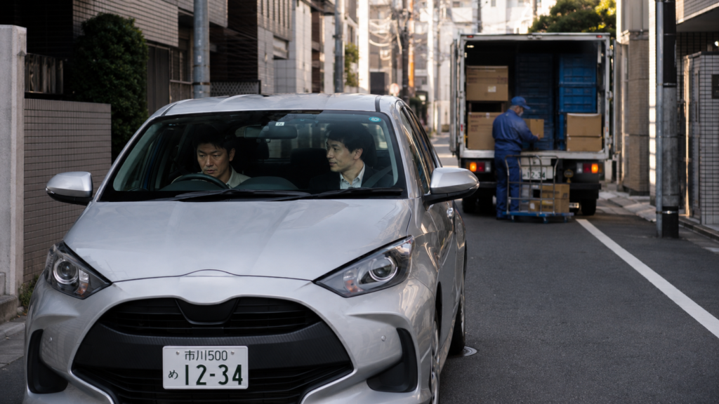 荷下ろし車を避ける前に歩行者と自転車を確認する練習