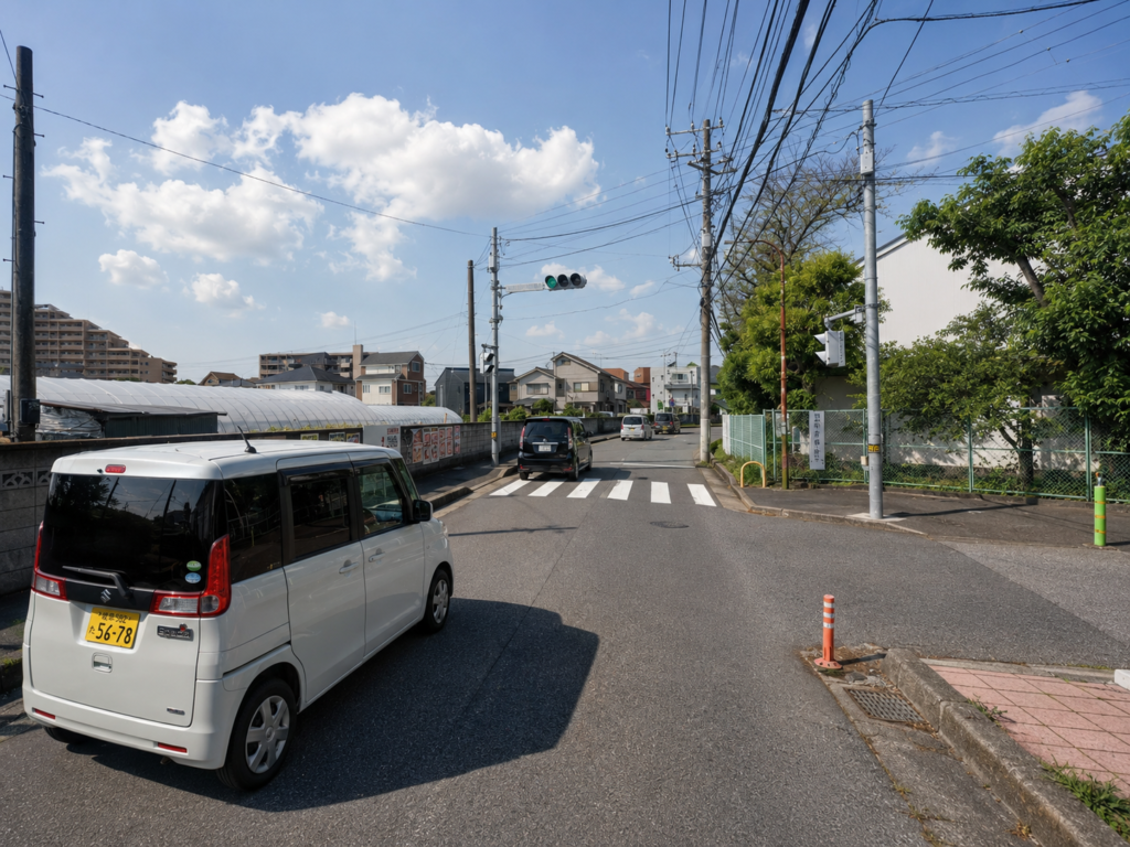 片側一車線の道路で右折待ちと信号の変わり目を確認する練習