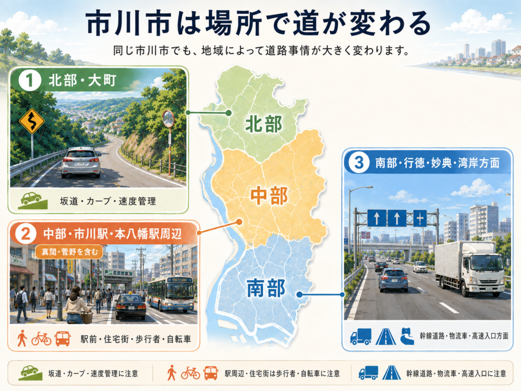 市川市の北部・中央部・南部の道路事情をまとめたペーパードライバー講習向けエリア図