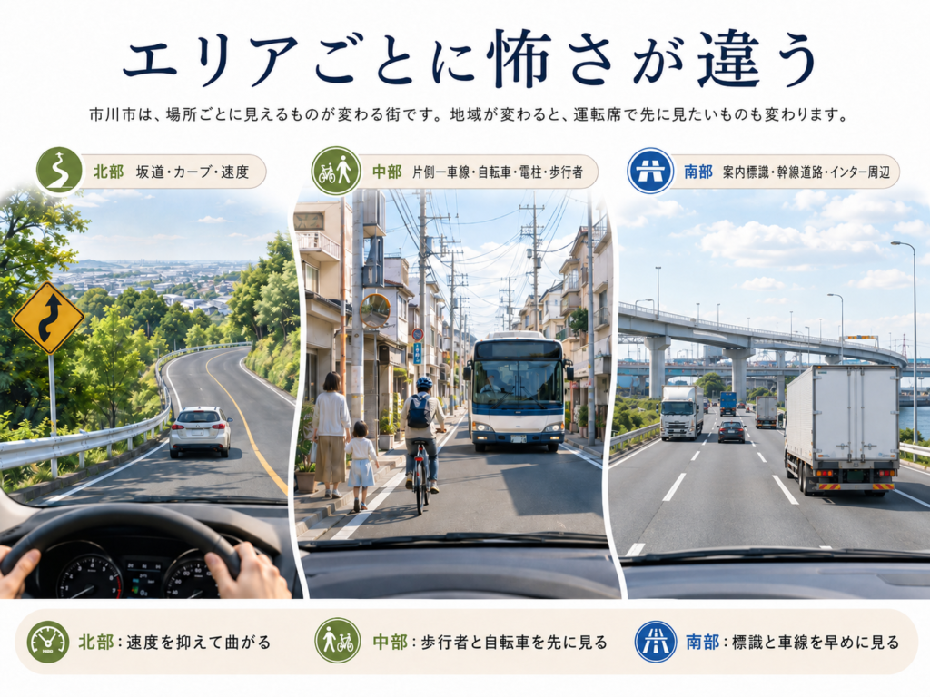 市川市のエリアごとの運転の怖さを示した講習用マップイメージ