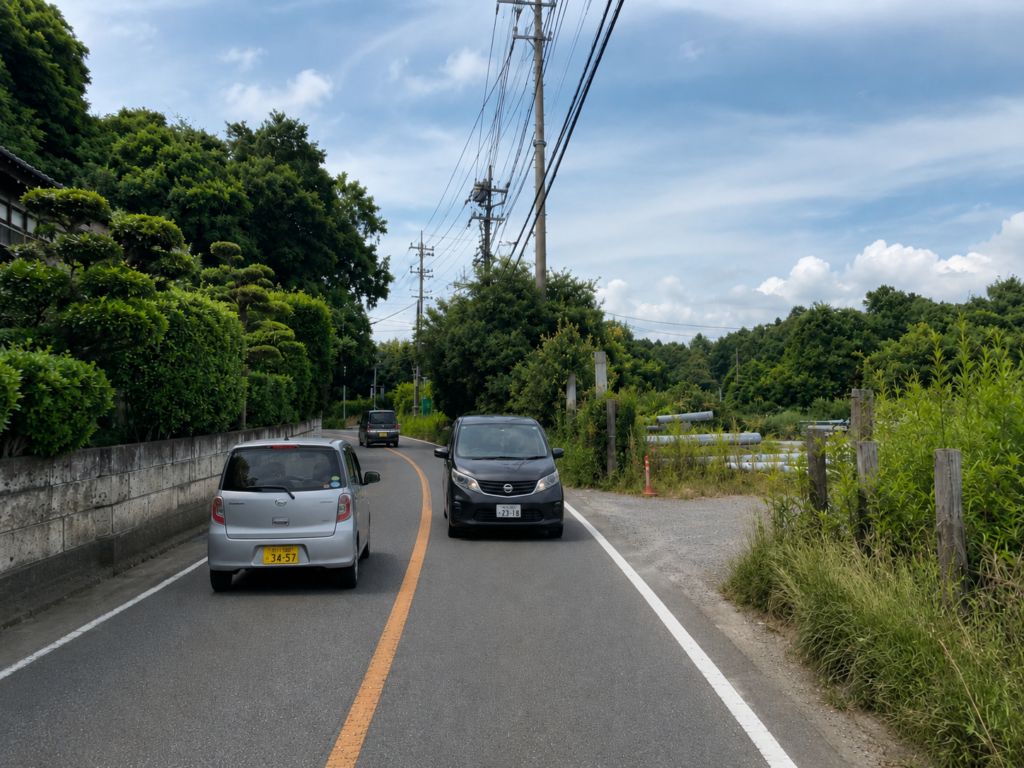 大町・大野方面の坂道とカーブで速度を落として走る講習イメージ