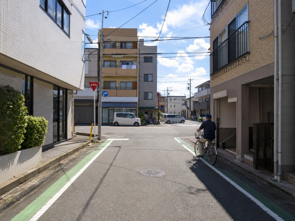 生活道路から大きい道路へ出る前に歩行者と自転車を見て待つ講習イメージ