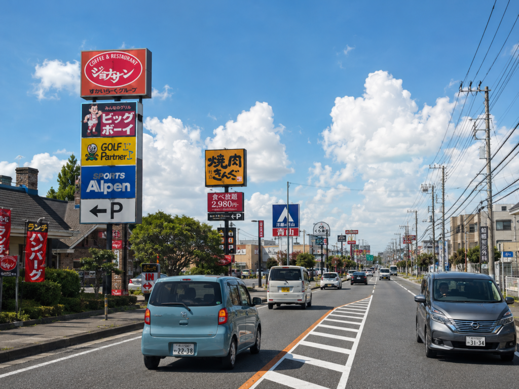 商業施設の駐車場入口で歩道と後続車を見ながら入る講習イメージ