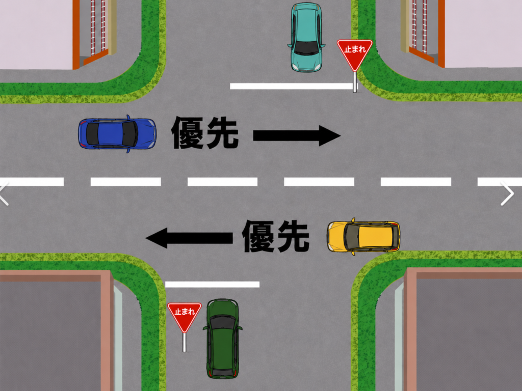 優先道路と非優先道路を見分けながら交差点へ近づく講習イメージ